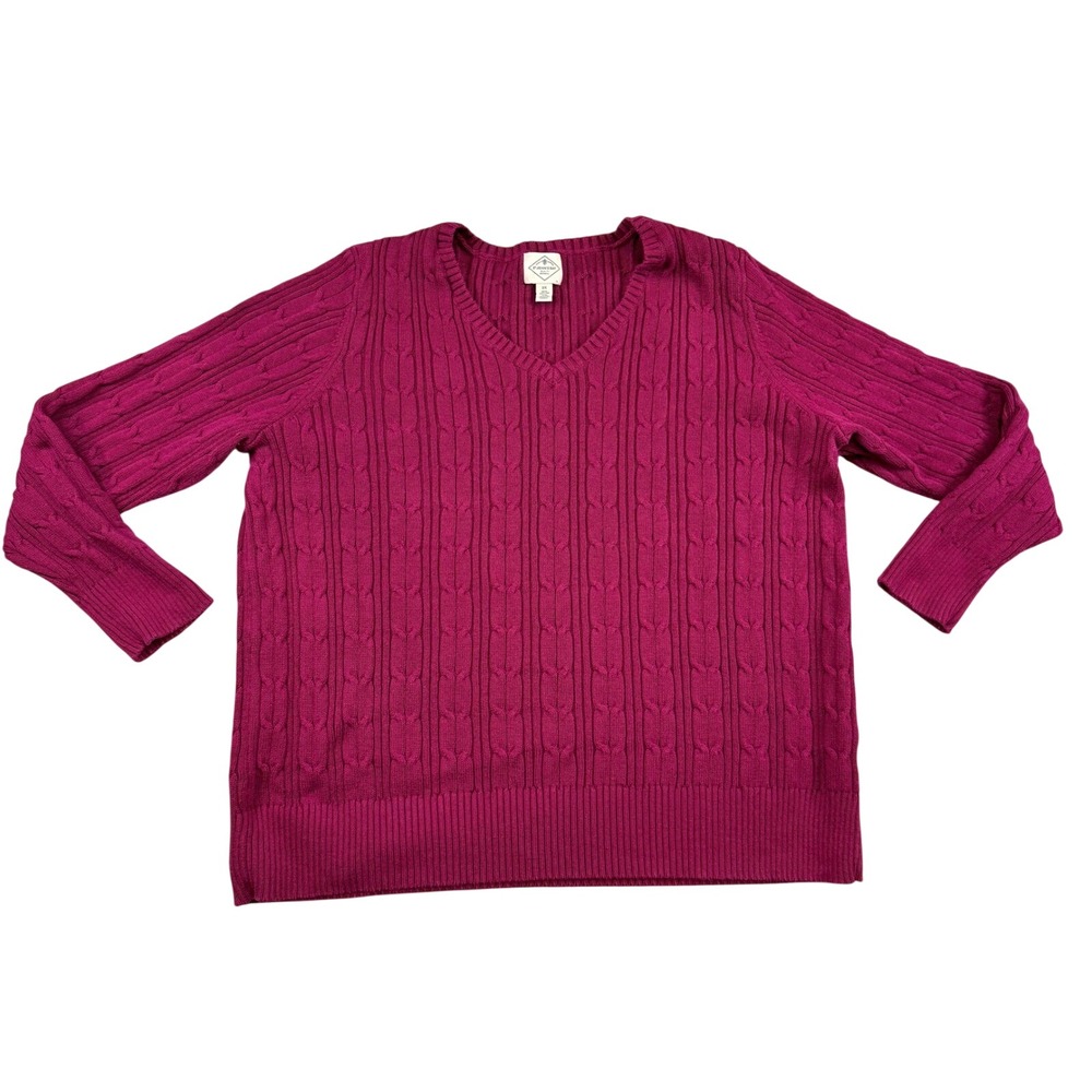 St Johns Bay Womens 2X Berry Pink Cable Knit V-Neck Sweater Cotton Pullover